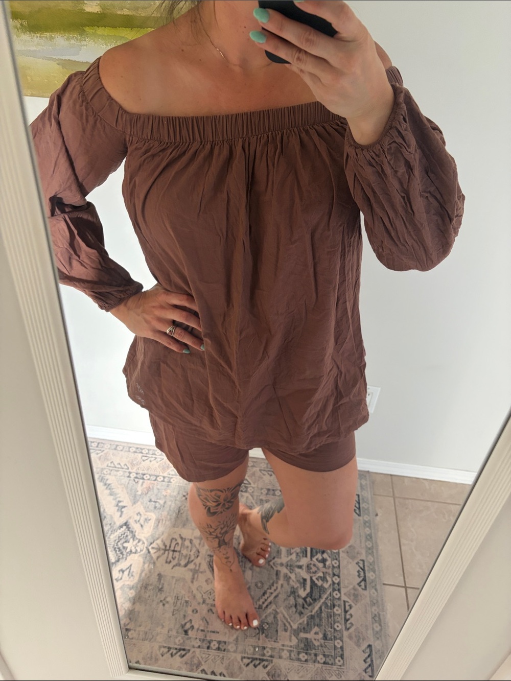✨3/$30 Brown Off-Shoulder Top and Shorts Set